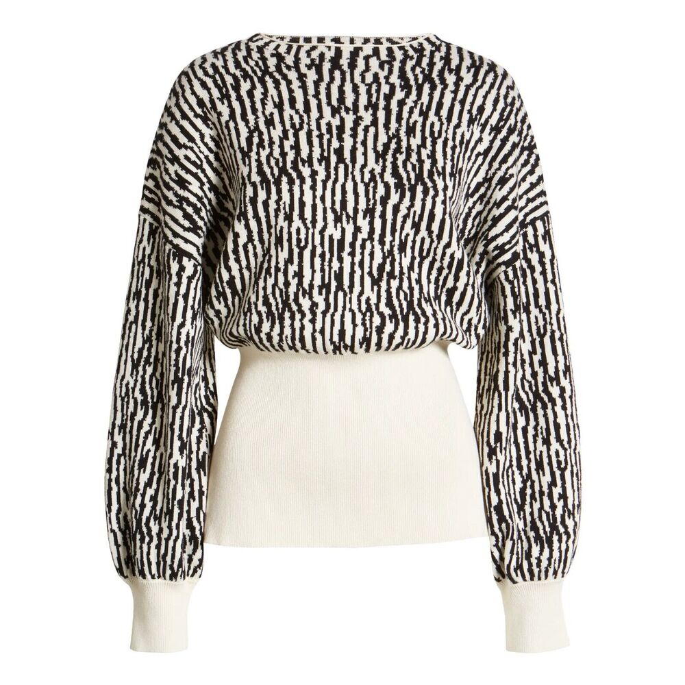 Open Edit Women Animal Print Jacquard Cotton Knit Casual Tie Back Sweater Size S